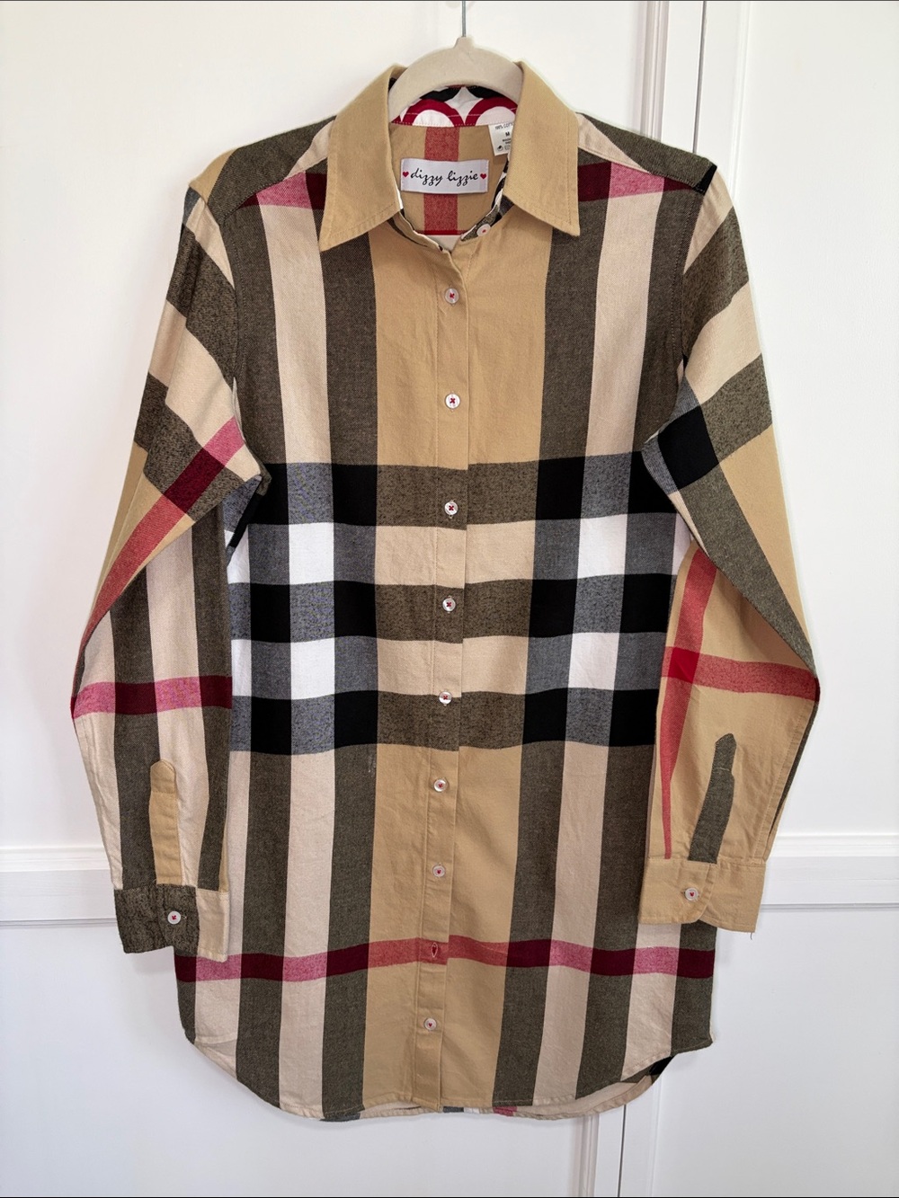 Classic Plaid Button-Down Tunic in Tan, Black & Red Accents by Dizzie Lizzie Med